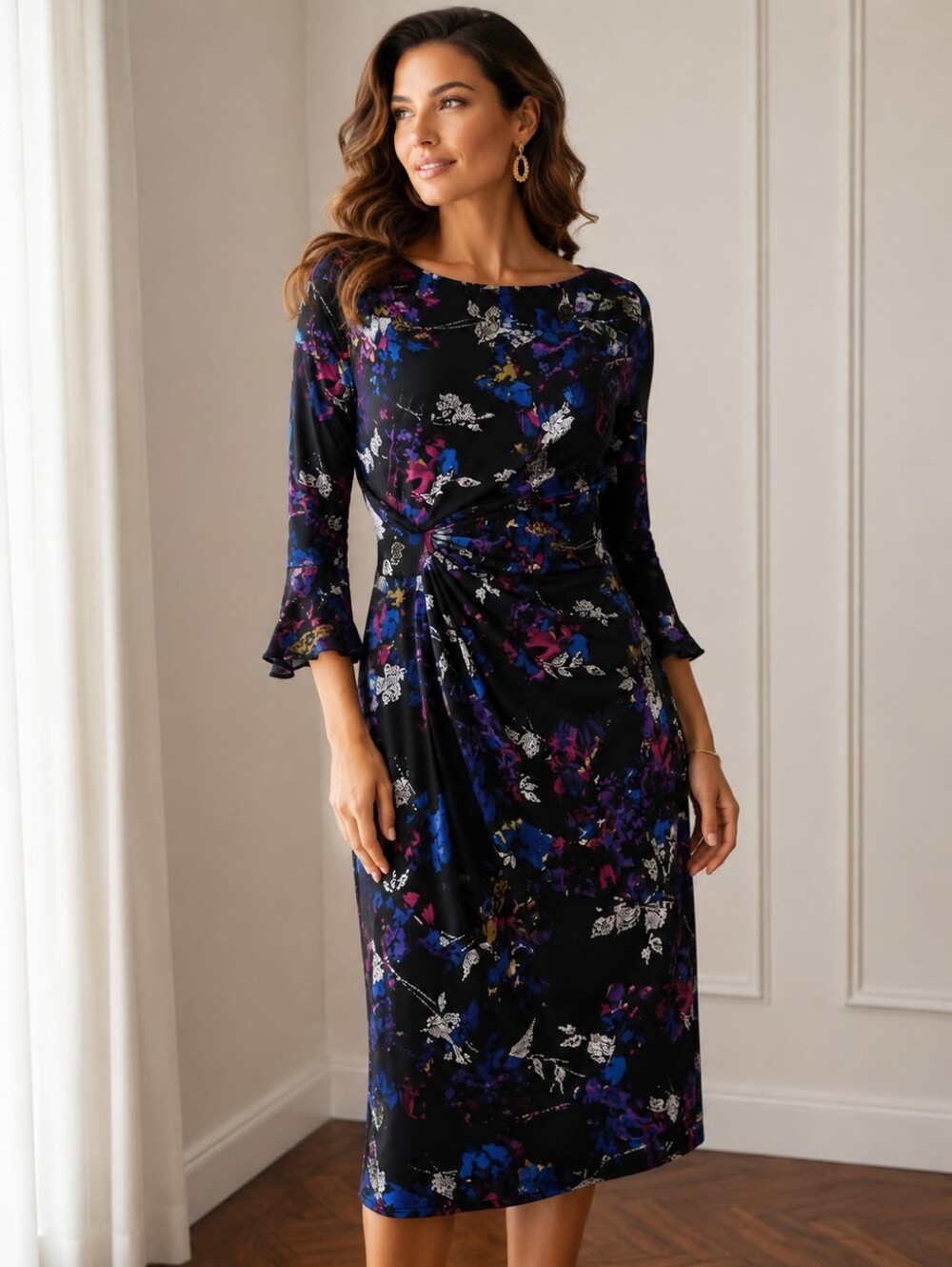 Black Floral Midi Dress with Twist Front